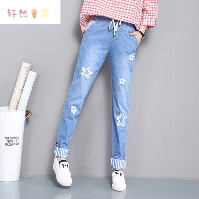 迪鲁奥（DILUAO)（秋上新）13岁女孩春秋牛仔裤春装女大童牛仔哈伦裤12-15岁中小学生女长裤女孩宽松休闲浅蓝色L