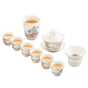 金镶玉功夫茶具套装茶壶茶杯陶羊脂玉白瓷整套家用礼品盒 描金山间流水