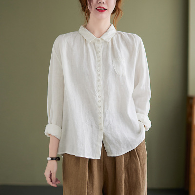 棉麻衬衫女秋季年新款翻领亚麻衬衣文艺宽松休闲大码长袖上衣