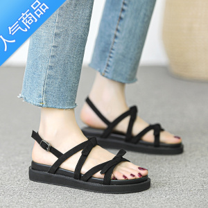 SUNTEK黑色凉鞋女外穿2023年新款夏季时尚蝴蝶结软底学院风罗马女款女鞋