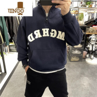 YANXU新款美式潮牌宽松立领灰色半拉链长袖卫衣男士刺绣外穿上衣