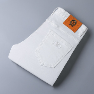 秋季新款高端白色牛仔裤男士潮牌修身小脚弹力休闲长裤子男款