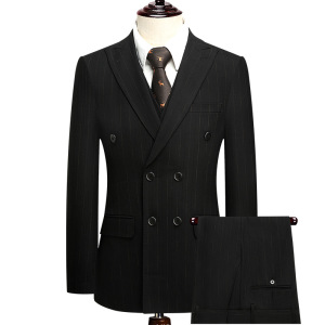 品质戗驳领双排扣套装西服男士商务西装韩版修身正装婚礼结婚套西