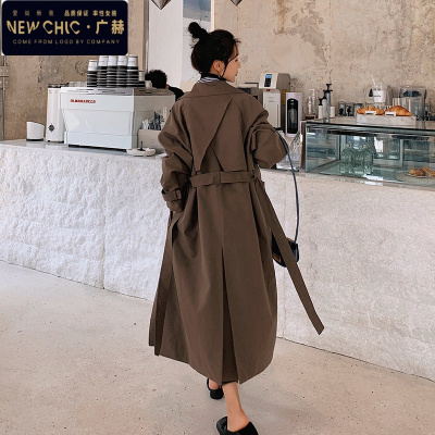 广赫咖啡色垂感风衣女中长款2021春季新款韩版气质流行设计感大衣外套风衣