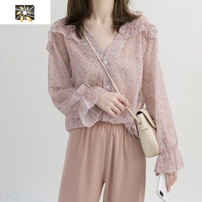 暖青汇碎花雪纺衬衫长袖女夏设计感小众宽松泡泡袖气质薄款衬衣法式上衣蕾丝衫