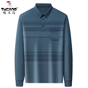 啄木鸟中年爸爸秋装t恤长袖男士休闲上衣春秋季薄款中老年人爷爷