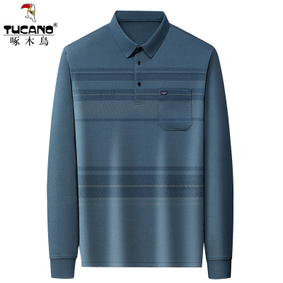 啄木鸟中年爸爸秋装t恤长袖男士休闲上衣春秋季薄款中老年人爷爷