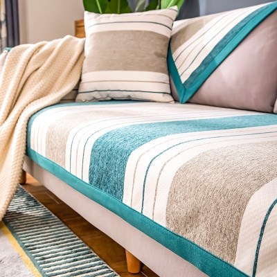 家柏饰(CORATED)北欧四季通用沙发垫防滑简约全包萬能沙发套罩布艺沙发巾沙发盖布 条纹群青 70*70cm