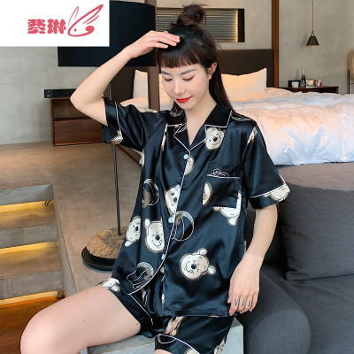 睡衣女夏季冰丝短袖服可爱常规款加大码胖mm200斤两件套装费琳