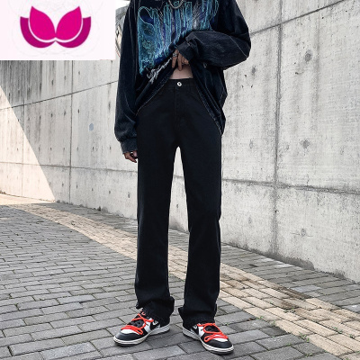 七斓黑色微喇牛仔长裤男修身直筒美式vibe裤子男款高街潮牌休闲拖地裤