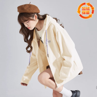 唐狮早春外套女上衣新款连帽卫衣开衫加绒灰色百搭休闲