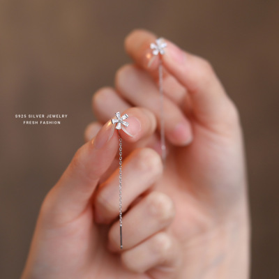 s925纯银锆石小花耳线女轻奢优雅气质闪钻chic风设计感银耳饰批发送女朋友老婆情人节七夕生日礼物