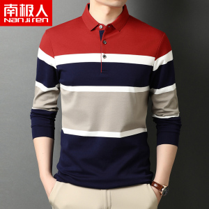 南极人纯棉T恤男长袖宽条纹POLO衫秋装上衣中年翻领全棉体恤