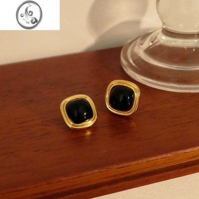 JiMi「港风美人」小众vintage琉璃耳环复古黑色方形宝石耳钉法式耳夹