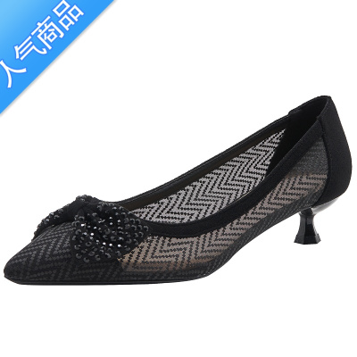 SUNTEK网纱高跟鞋小码313233蝴蝶结大码女鞋41一43镂空网面低跟单鞋