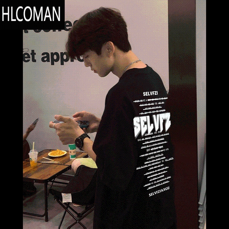 HLCOMAN高街夏季美式潮牌小众字母短袖T恤男款黑色半袖上衣