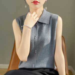 衬衣领无袖背心打底衫女春秋内搭叠穿套头羊毛针织翻领坎肩上衣_1