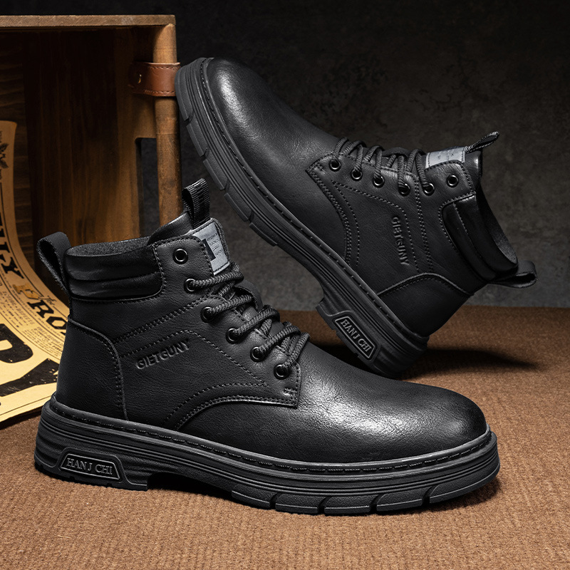 英伦风冬季马丁靴秋冬新款加绒高帮户外运动工装靴黑色潮男靴