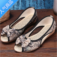 SUNTEK春夏新款老北京布鞋民族风中年坡跟透气耐磨平底浅口软底凉鞋女鞋