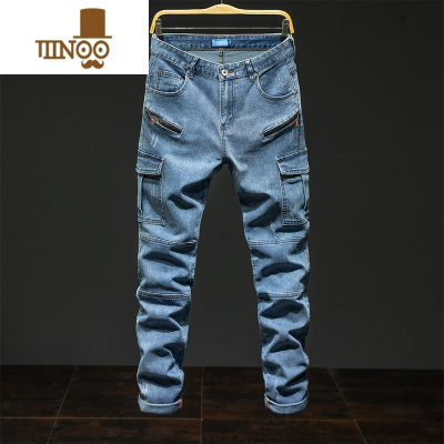 YANXU美式机车工装牛仔裤男潮牌个性拉链时尚复古多口袋男装长裤子