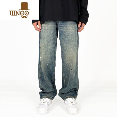 YANXUMOMENT水洗做旧复古泼墨牛仔裤男女潮牌美式高街宽松直筒拖地裤子