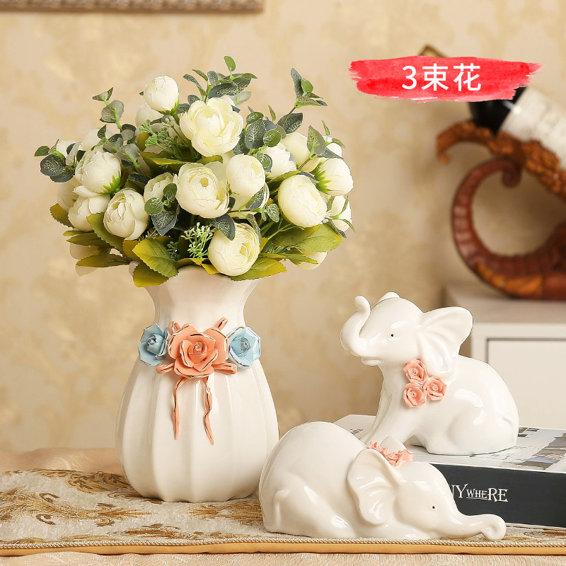 欧式陶瓷轻奢花瓶摆件干花插花器现代客厅餐桌家居装饰品创意水养 三维工匠 B款+奶白花3束+夫妻象一对