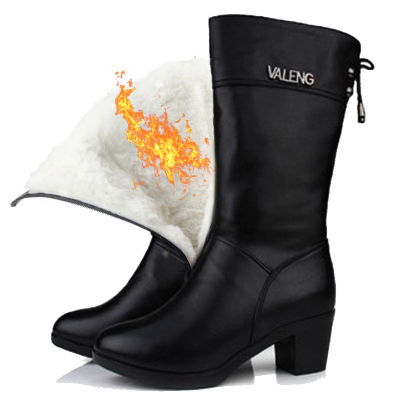 头层牛皮羊毛棉靴-2021秋冬(冬季)女棉鞋棉靴真皮加绒中跟中筒靴方根长靴羊毛里雪地靴麦可斯.米娅妈妈鞋中老年防水靴子