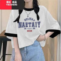 YIBUSHENG季新款印花t恤女透气短袖宽松小众设计感拼接半袖上衣