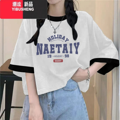 YIBUSHENG季新款印花t恤女透气短袖宽松小众设计感拼接半袖上衣