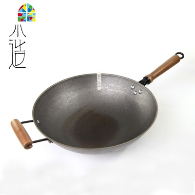34圆底传统中式生铁加厚燃气老式纯铁锅老尖底炒锅熟铁涂层有盖 FENGHOU 34cm圆底炒锅(耳)木盖/手柄样式随