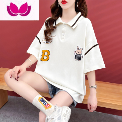 七斓设计感小众短袖t恤女夏装韩版宽松大码中长款polo领日系上衣服潮