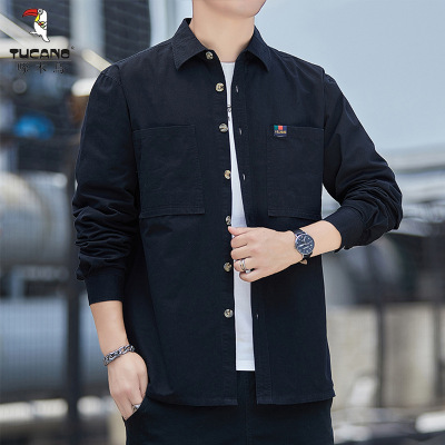 啄木鸟男士长袖免烫衬衫秋季工装宽松厚衬衣外套休闲多口袋纯棉潮