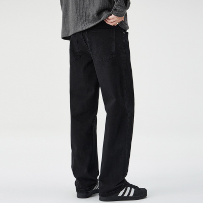 美式高街 纯黑水洗牛仔裤 男士宽松直筒 垂感阔腿休闲工装长裤 男