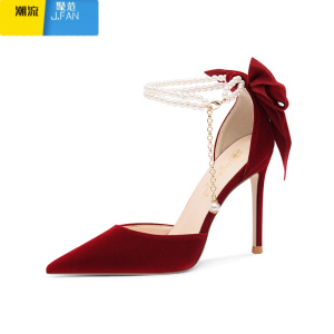 聚范红色秀禾婚鞋细跟尖头高跟鞋女单鞋新款蝴蝶结珍珠不累脚新娘鞋