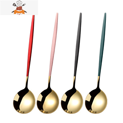 网红304不锈钢小勺子家用汤勺创意可爱韩式长柄吃饭儿童调羹汤匙 敬平 ⭐[长柄4支装]金色混色⭐(食品级304不锈钢)