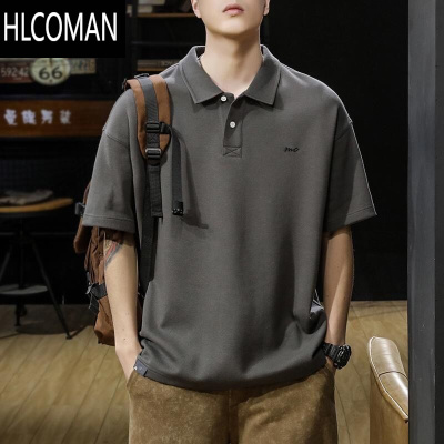 HLCOMAN美式复古短袖衫男夏季潮牌宽松大码翻领T恤男士po衫潮