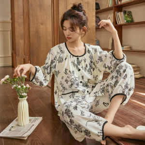 云朵棉带胸垫睡衣女夏季九分裤开衫短袖套装田园风休闲家居服