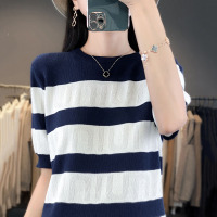 冰丝条纹针织衫薄款圆领宽松显瘦上衣夏季女装时尚洋气年新款