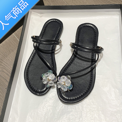 SUNTEK拖鞋女外穿2023新款夏季平底软底水钻仙女风气质套趾两穿凉拖凉鞋