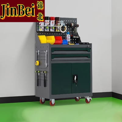 锦北工具车移动维修收纳柜工具架多功能工具箱五金工具柜灰绿二抽带网