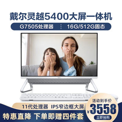 戴尔(DELL)灵越5400一体机IPS微边框大屏11代处理器CPU办公商用家用网课前台电脑23.8英寸白色11代处理器G7505核显16G512G固态定制