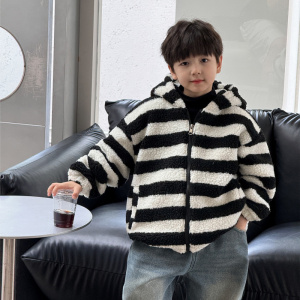 童酷儿童冬季新款湖州织里童装可爱宝宝条纹毛绒耳朵男童外套