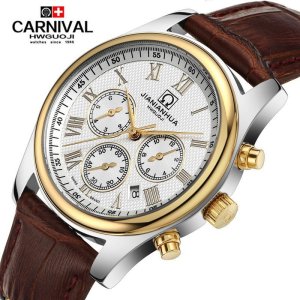 瑞士嘉年华CARNIVAL手表 名匠商务防水男士全自动机械表 男休闲时尚三眼六针多功能真皮表带男表腕表 8827皮表带款