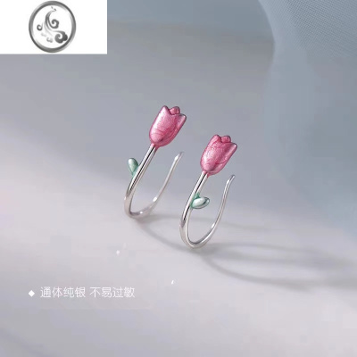 JiMi925银银郁金香花朵耳钉甜美ins滴油迷你学生百搭耳环粉色小清新女