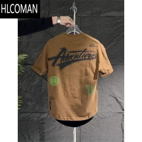 HLCOMAN夏季短袖男潮流宽松百搭圆弧休闲半袖字母印花燕尾圆领T恤男