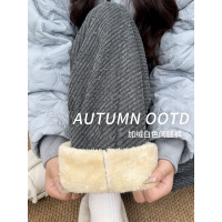 羊羔绒裤子女秋冬季加绒加厚直筒裤毛呢小个子斜纹香蕉阔腿裤