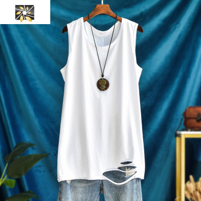 暖青汇棉宽松白色内搭中长款破洞背心女外叠穿无袖吊带卫衣春秋打底衫卫衣