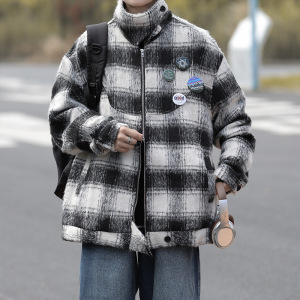 男装新款美式潮牌情侣款毛呢夹克格子时尚翻领百搭夹克男士外套男