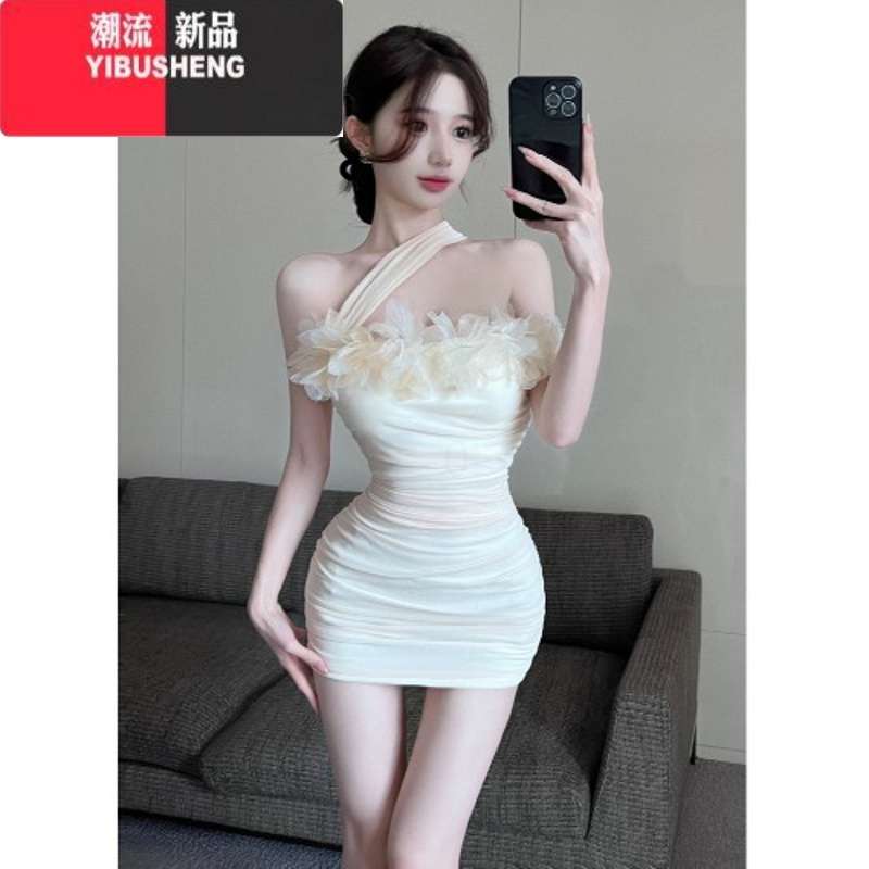 YIBUSHENG法式性感网纱修身包臀连衣裙女季新款一字肩花朵挂脖收腰短裙子