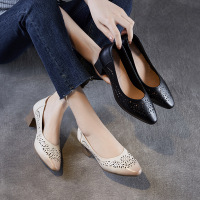 真皮凉鞋女高跟软底镂空尖头船鞋通勤皮鞋单鞋夏季新款透气洞洞鞋